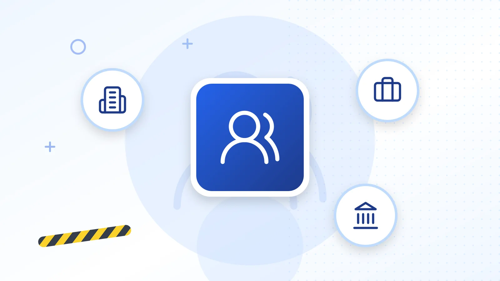 Illustrazione sul campo di applicazione del Testo Unico: gruppo di persone, edificio aziendale, valigetta da lavoro ed edificio pubblico