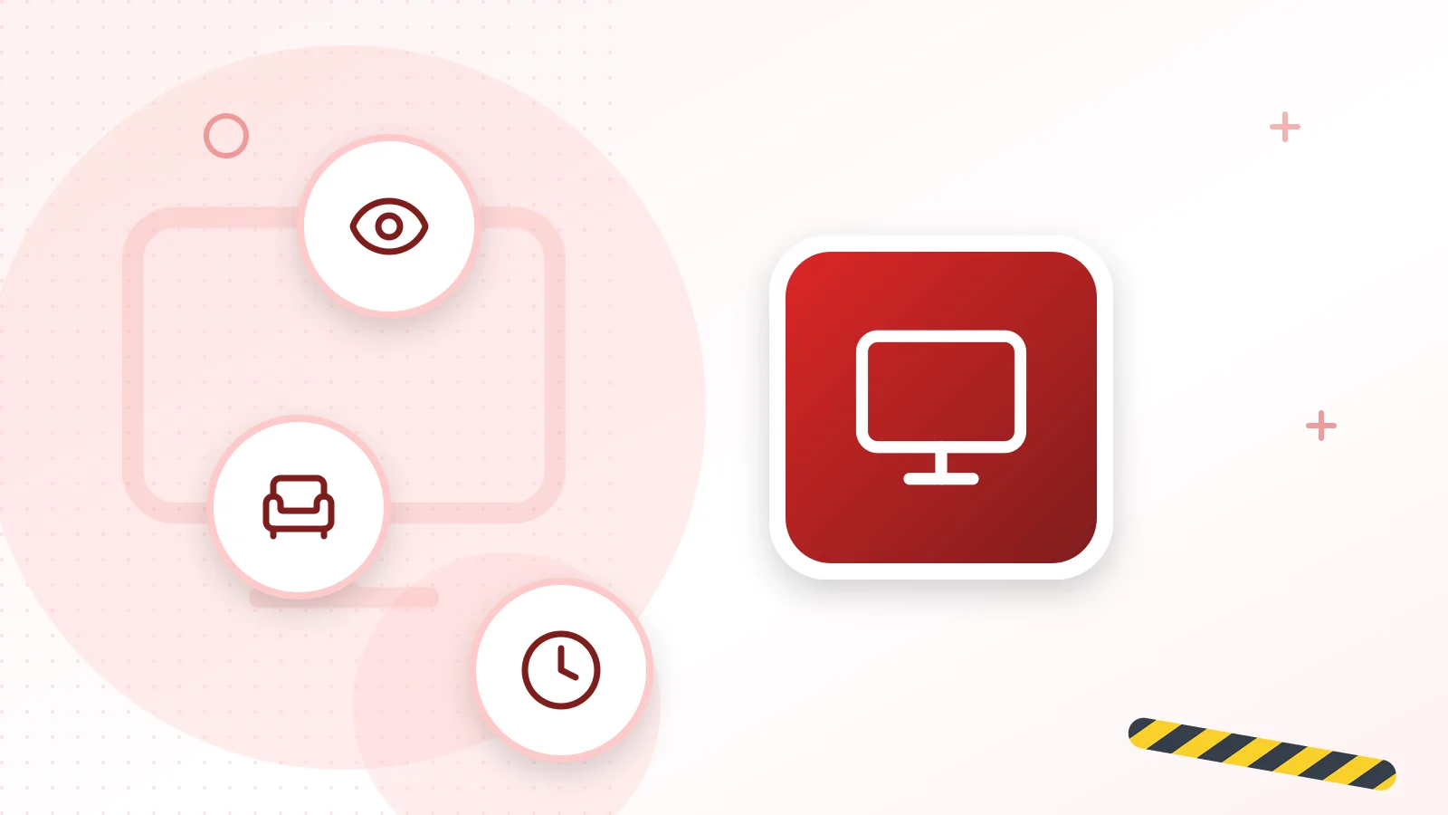 Illustrazione sui videoterminali: monitor, occhio, sedia ergonomica e orologio delle pause